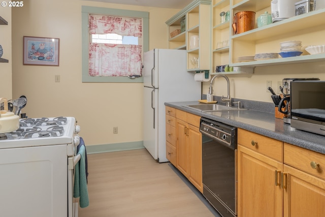 847 Exchange St Unit 0 817-, Astoria, OR 97103 - kitchen with track lighting, white appliances, open shelves, and dark countertops