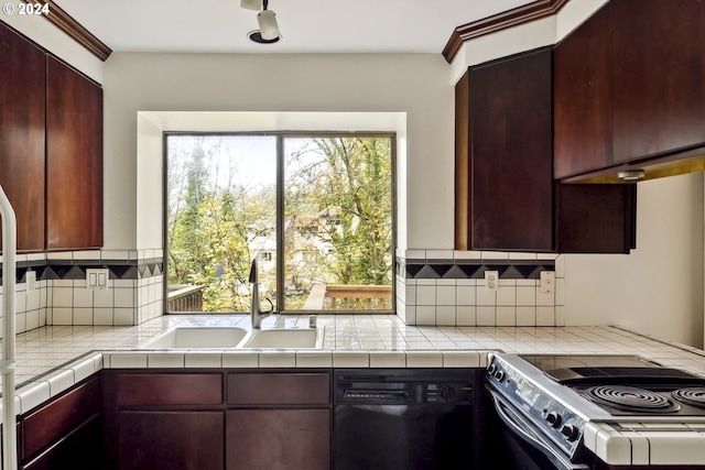 kitchen featuring dishwasher, sink, tile counters, and stainless steel electric range