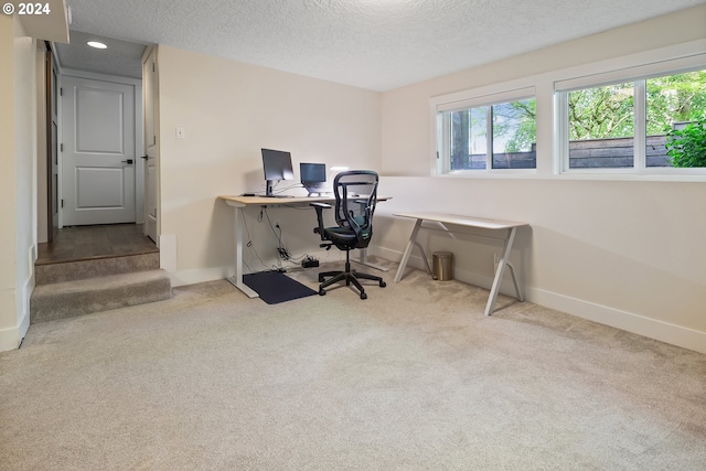 carpeted office space featuring a textured ceiling