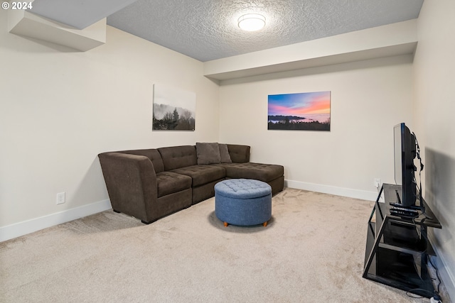 living room with carpet floors and a textured ceiling