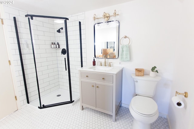 full bathroom with a stall shower, vanity, toilet, and baseboards