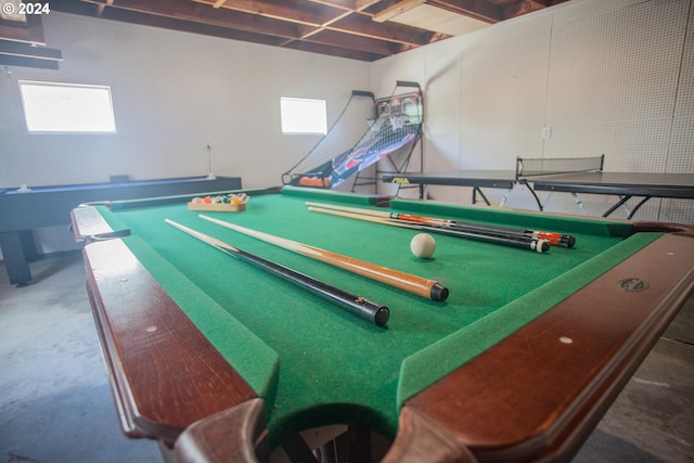 rec room featuring a healthy amount of sunlight, concrete flooring, and pool table