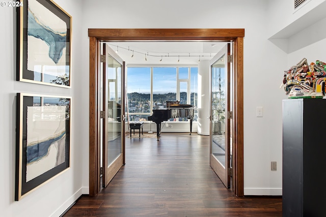 hall featuring dark hardwood / wood-style flooring, french doors, and rail lighting