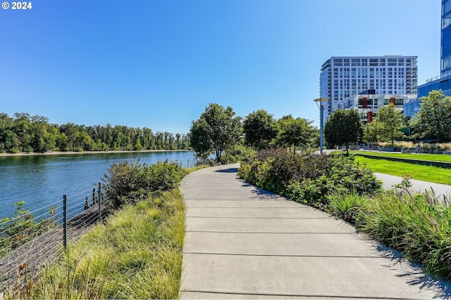 view of home's community with a water view