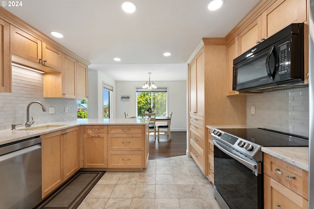 kitchen featuring a peninsula, appliances with stainless steel finishes, decorative backsplash, and a sink