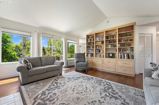 sitting room with vaulted ceiling, dark wood-style flooring, and a wealth of natural light