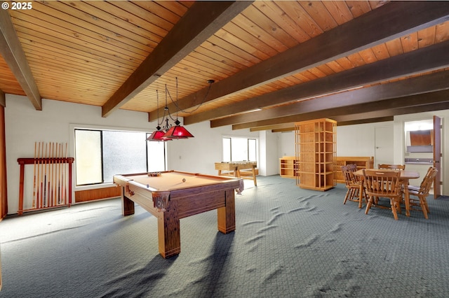 game room with carpet floors, wood ceiling, and beamed ceiling