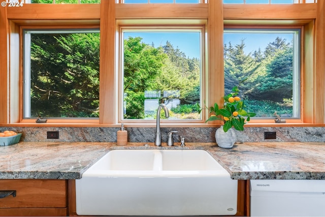 kitchen featuring light stone counters, white dishwasher, sink, and a wealth of natural light