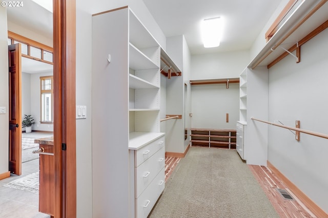 walk in closet featuring light colored carpet