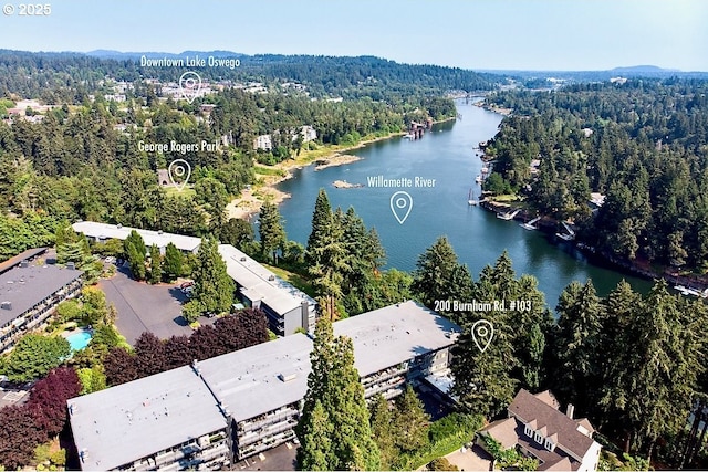 drone / aerial view with a water view