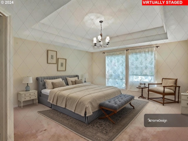 bedroom featuring light tile patterned floors and a notable chandelier