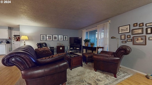 living room featuring wood finished floors, a textured ceiling, and baseboards