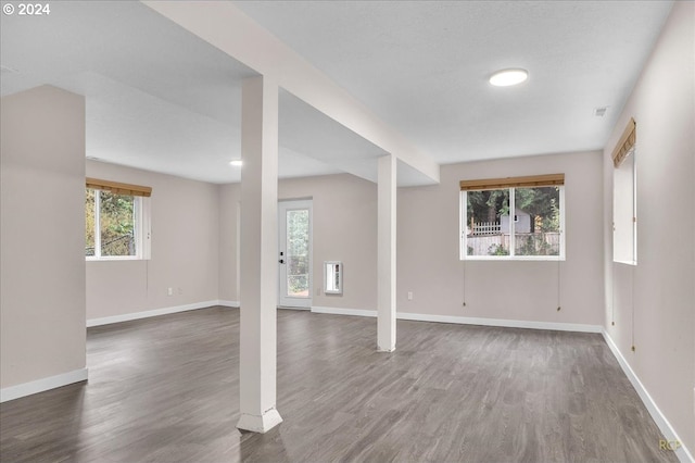 basement with dark hardwood / wood-style flooring