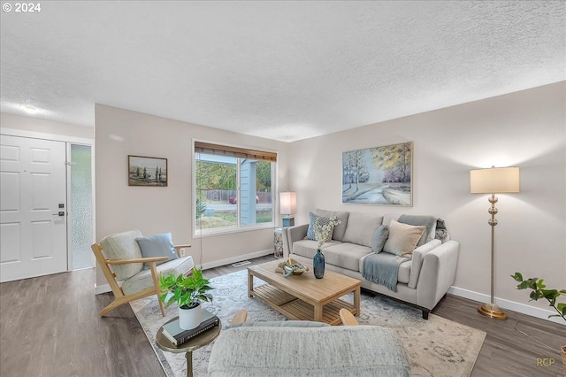 living room featuring hardwood / wood-style floors and a textured ceiling