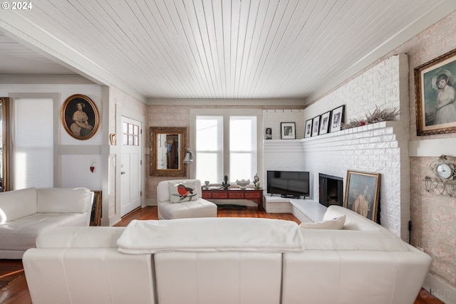 living room with wood-type flooring, wooden ceiling, and a fireplace