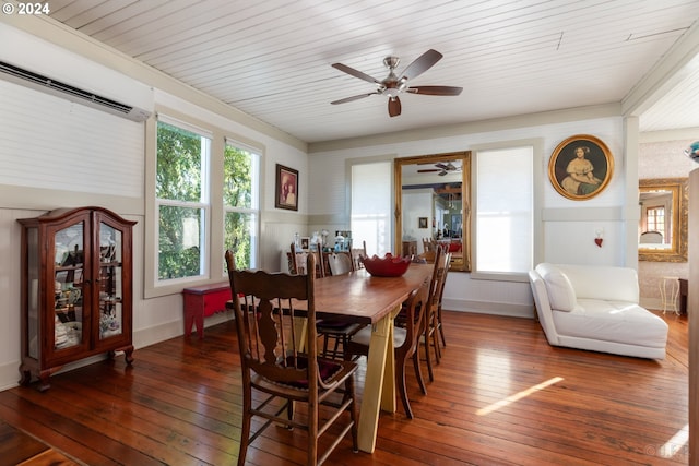 dining space featuring a wall mounted AC, dark hardwood / wood-style floors, ceiling fan, and wooden ceiling