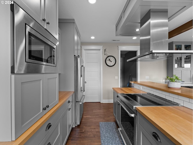 kitchen featuring dark wood-type flooring, wooden counters, appliances with stainless steel finishes, and gray cabinets