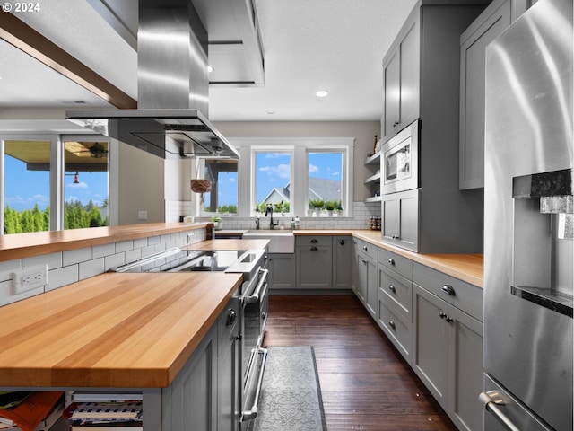 kitchen featuring butcher block counters, gray cabinetry, dark wood-type flooring, and appliances with stainless steel finishes