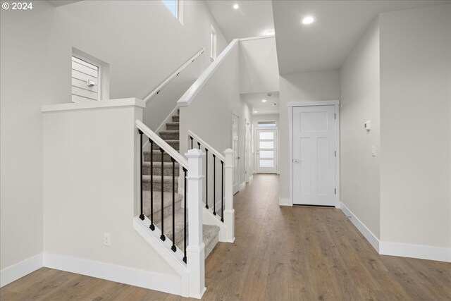 foyer entrance with hardwood / wood-style floors and a towering ceiling