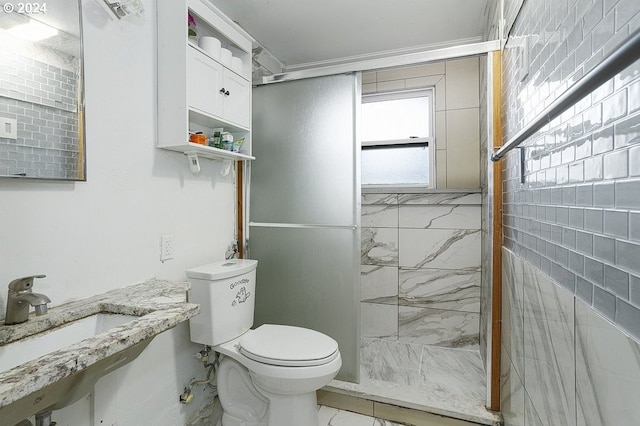 bathroom with a sink, a stall shower, and toilet