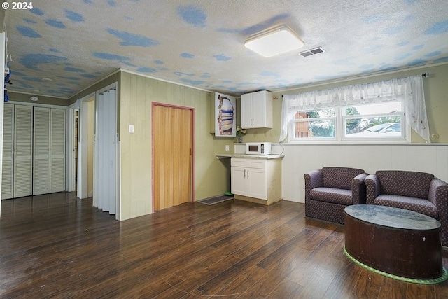 sitting room with dark wood-type flooring and a textured ceiling