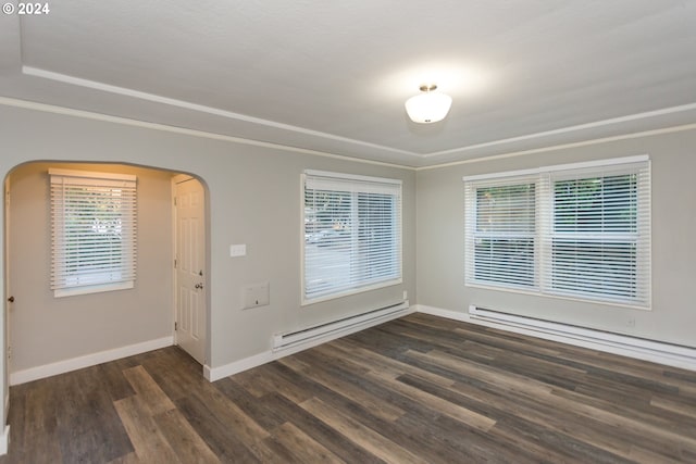 unfurnished room featuring a baseboard radiator, dark wood-style flooring, arched walkways, and baseboards