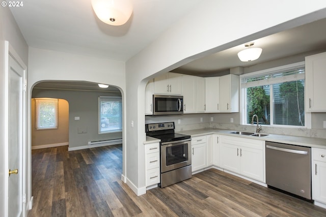 kitchen with white cabinetry, sink, stainless steel appliances, and dark hardwood / wood-style flooring