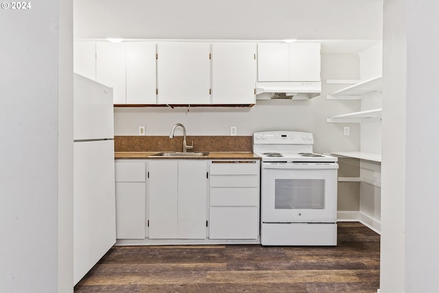 kitchen with sink, white cabinetry, dark wood-type flooring, and white appliances