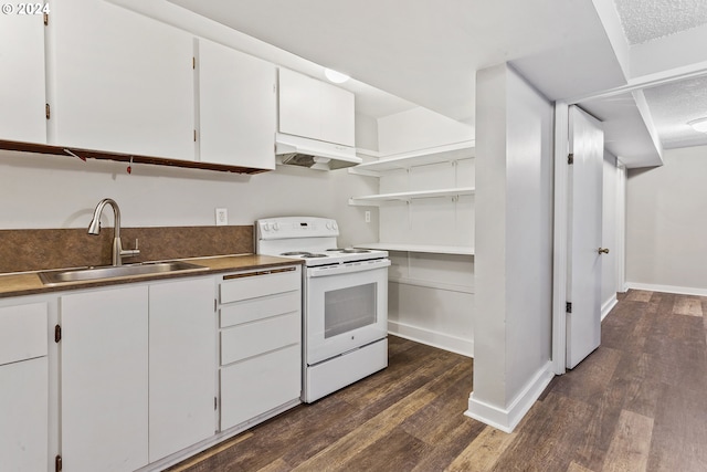 kitchen featuring dark hardwood / wood-style floors, sink, white electric range, and white cabinets