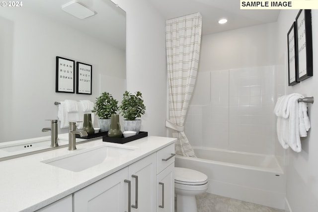 full bathroom featuring tile patterned flooring, vanity, toilet, and shower / bathtub combination with curtain