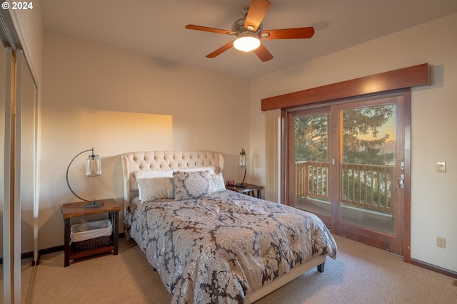 carpeted bedroom with access to outside and ceiling fan