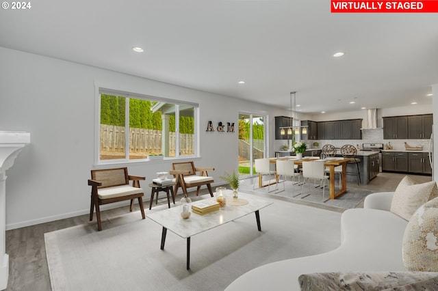 living room with light hardwood / wood-style flooring