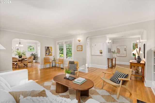 living room featuring a chandelier, light hardwood / wood-style floors, and crown molding