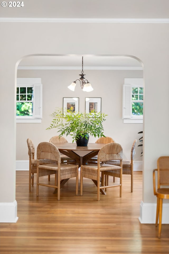 dining space featuring hardwood / wood-style floors and ornamental molding