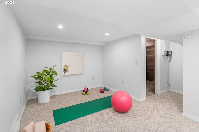 workout room featuring light colored carpet