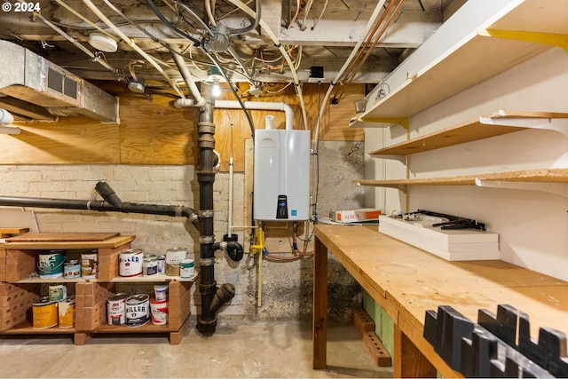 basement with tankless water heater