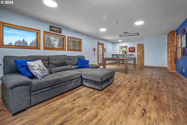 living room with hardwood / wood-style flooring and pool table