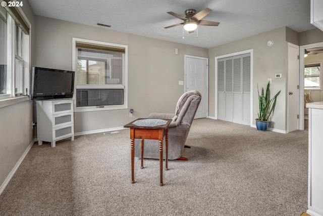 carpeted office featuring ceiling fan