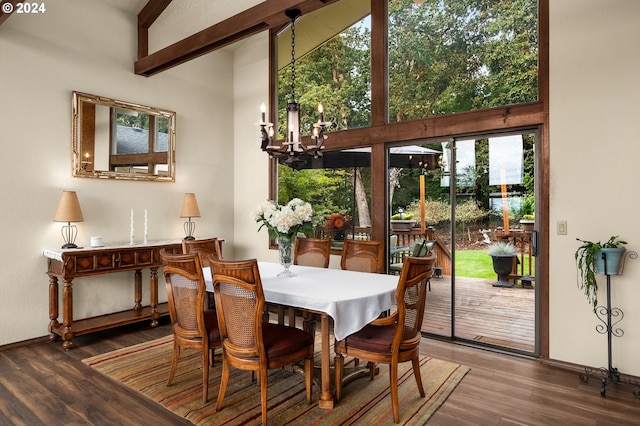 dining area with high vaulted ceiling, wood-type flooring, a chandelier, and beamed ceiling