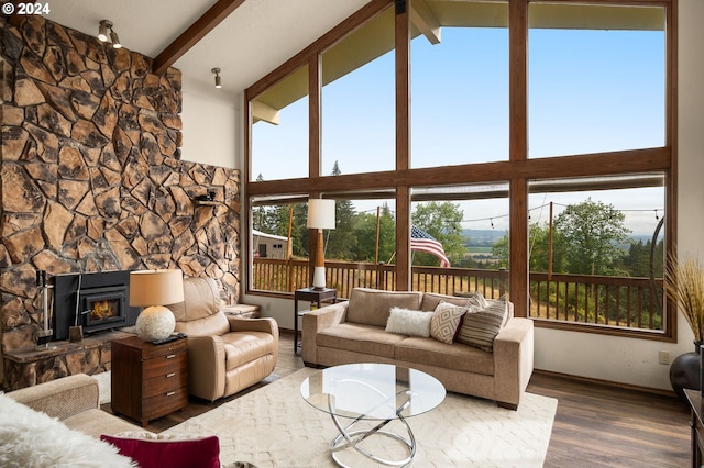 living room with wood-type flooring, a stone fireplace, beam ceiling, and a healthy amount of sunlight