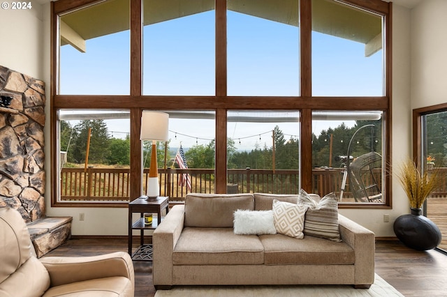 living room featuring wood-type flooring, plenty of natural light, and high vaulted ceiling