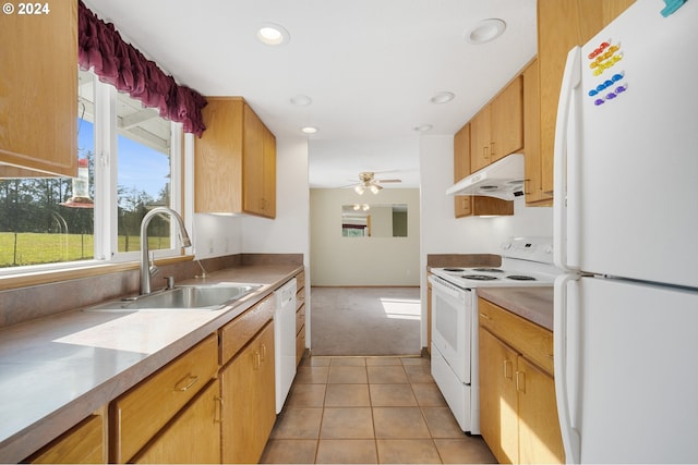 kitchen with sink, ceiling fan, white appliances, and light tile patterned floors