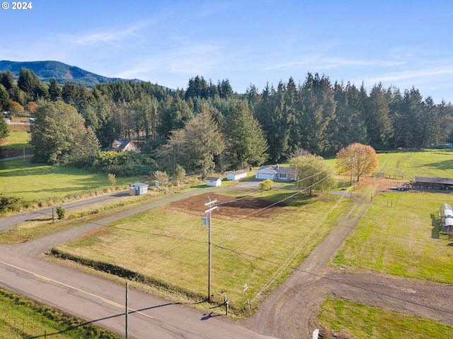 bird's eye view featuring a mountain view and a rural view