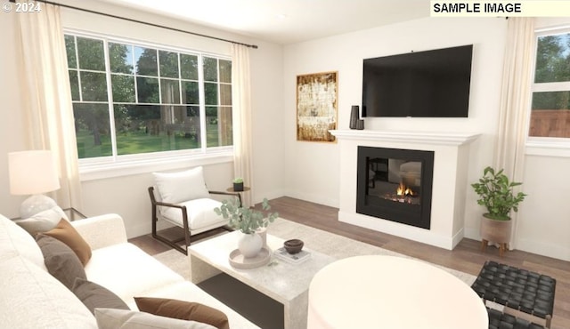 living room featuring a glass covered fireplace, baseboards, and wood finished floors