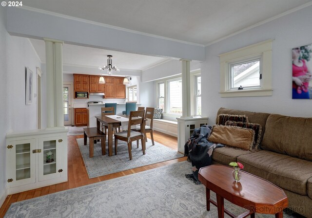 living room with an inviting chandelier, crown molding, decorative columns, and light wood-type flooring