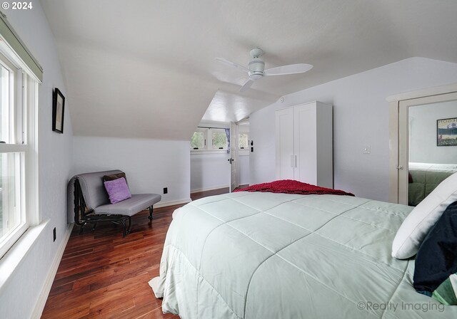 bedroom with ceiling fan, vaulted ceiling, dark hardwood / wood-style flooring, and multiple windows