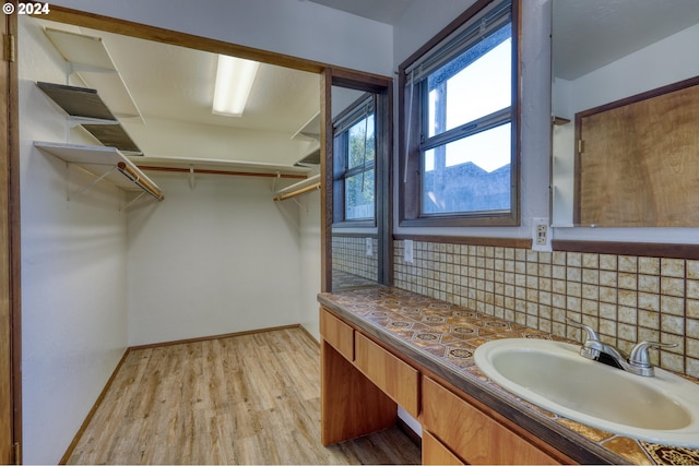 interior space with vanity, wood finished floors, a walk in closet, baseboards, and decorative backsplash