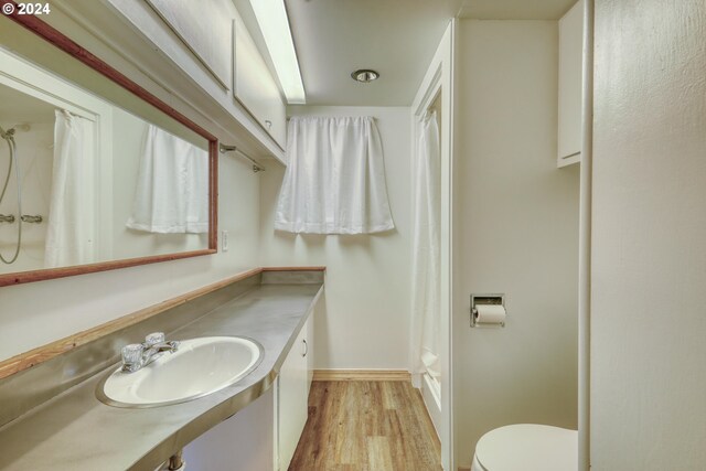 bathroom featuring a shower with shower curtain, baseboards, wood finished floors, toilet, and vanity