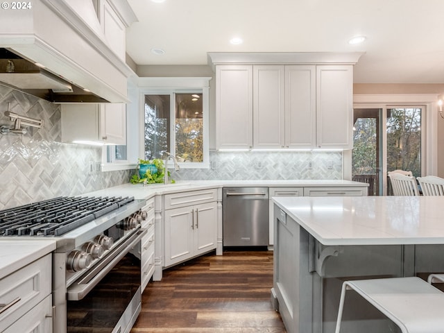 kitchen featuring white cabinetry, sink, dark hardwood / wood-style flooring, a breakfast bar, and appliances with stainless steel finishes