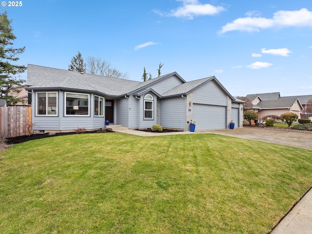 single story home featuring a garage and a front lawn